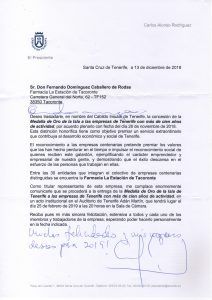Carta Cabildo de Tenerife Medalla de Oro